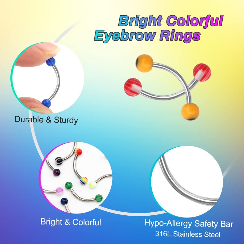 CrazyPiercing Colorful Acrylic Ball Stainless Steel Curved Bar Eyebrow Rings Tragus Piercing, 50Pcs, 16G (Stainless Steel Bar) - Image 2